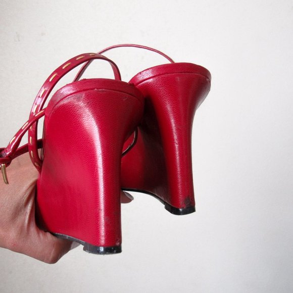 FRANCO SARTO Red Ankle Strap Wedge Heels Open Toe Sandals Sexy Chic Pair! - Picture 6 of 13